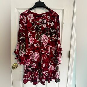 Bar III Floral Red Dress with Ruffle Sleeves
